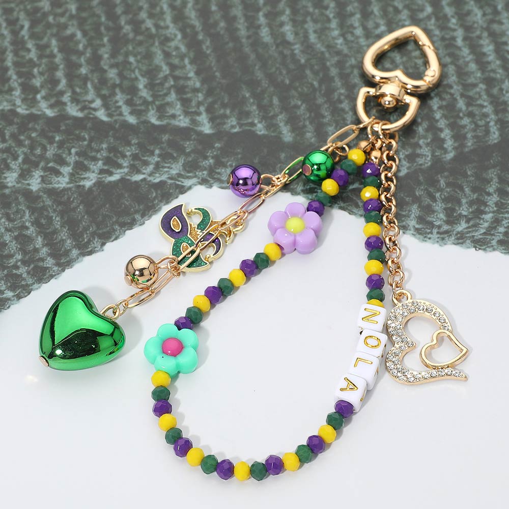 Madeline Love Gold, Green Mardi Gras Flower Heart NOLA Mask Beaded Keychain Bag Charm - Bags & Wallets