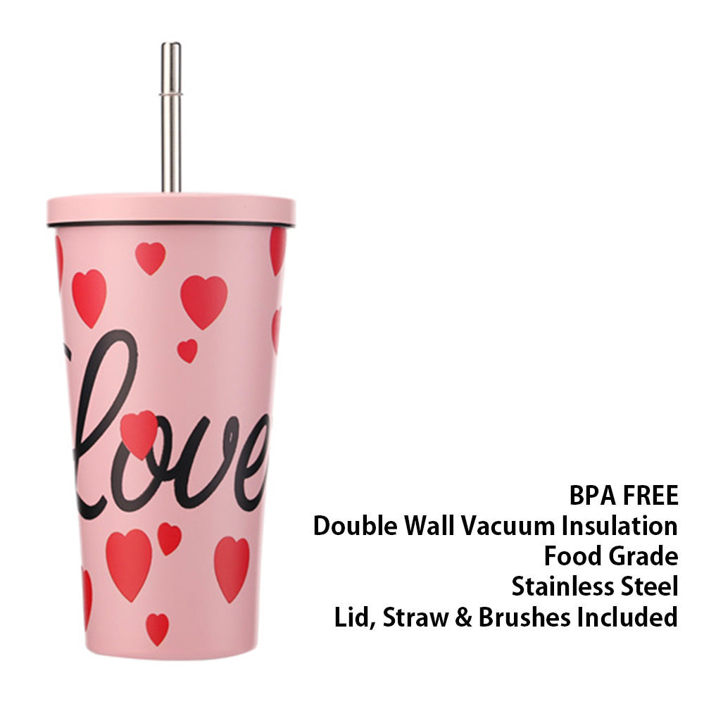 Love Message Heart Pattern Printed 16oz Stainless Steel Tumbler