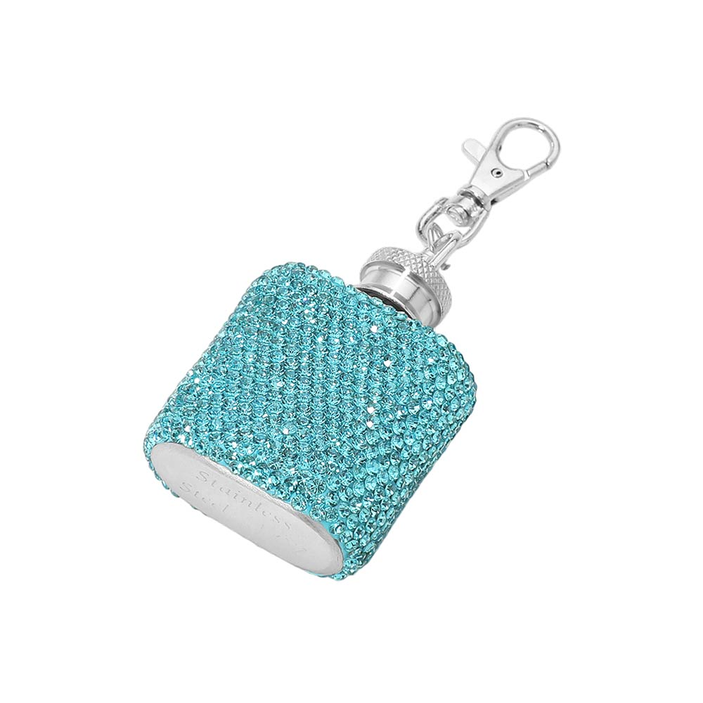 Madeline Love Aqua 1oz Bling Studded Stainless Steel Mini Flask Keychain Bag Charm - Bags & Wallets - desc