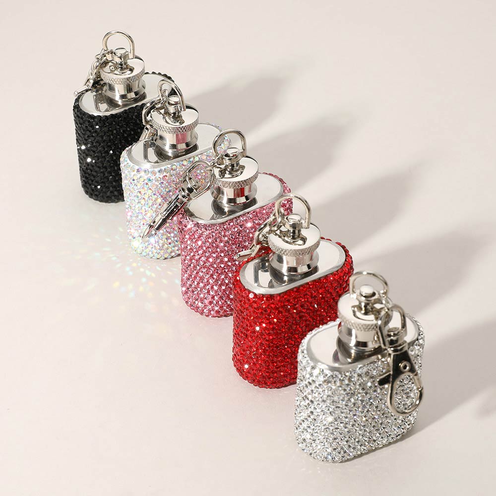 Madeline Love Aqua 1oz Bling Studded Stainless Steel Mini Flask Keychain Bag Charm - Bags & Wallets - extra