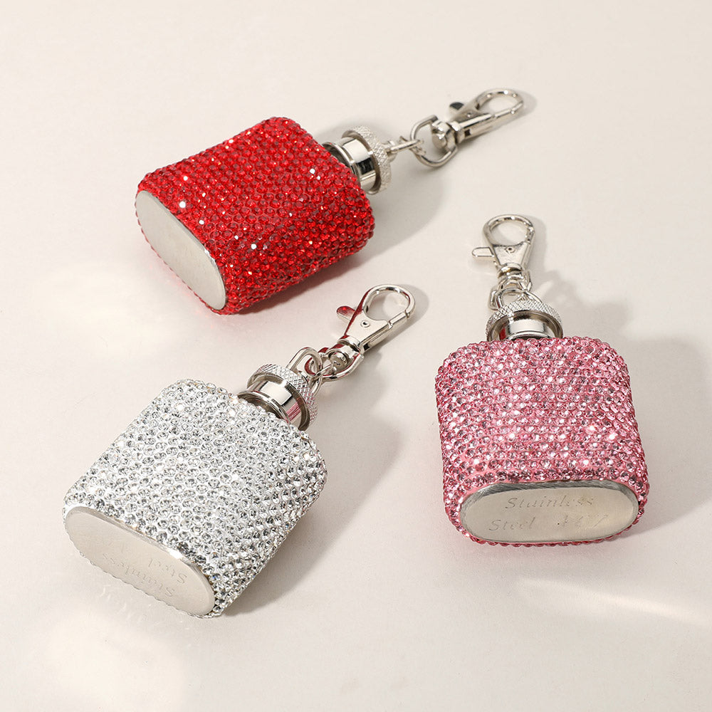Madeline Love Jet Black 1oz Bling Studded Stainless Steel Mini Flask Keychain Bag Charm - Bags & Wallets - extra