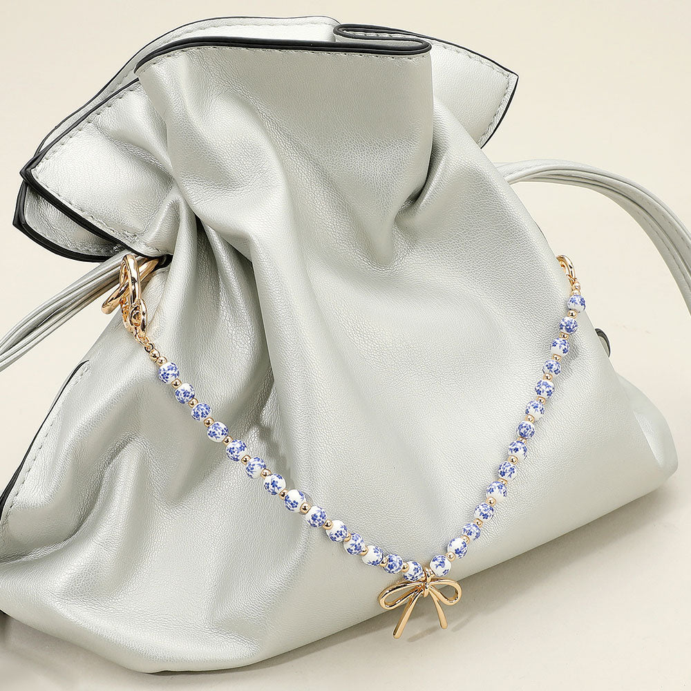 Madeline Love Blue, Gold Metal Bow Charm Pointed Floral Ceramic Ball Beaded Bag Charm - Bags & Wallets