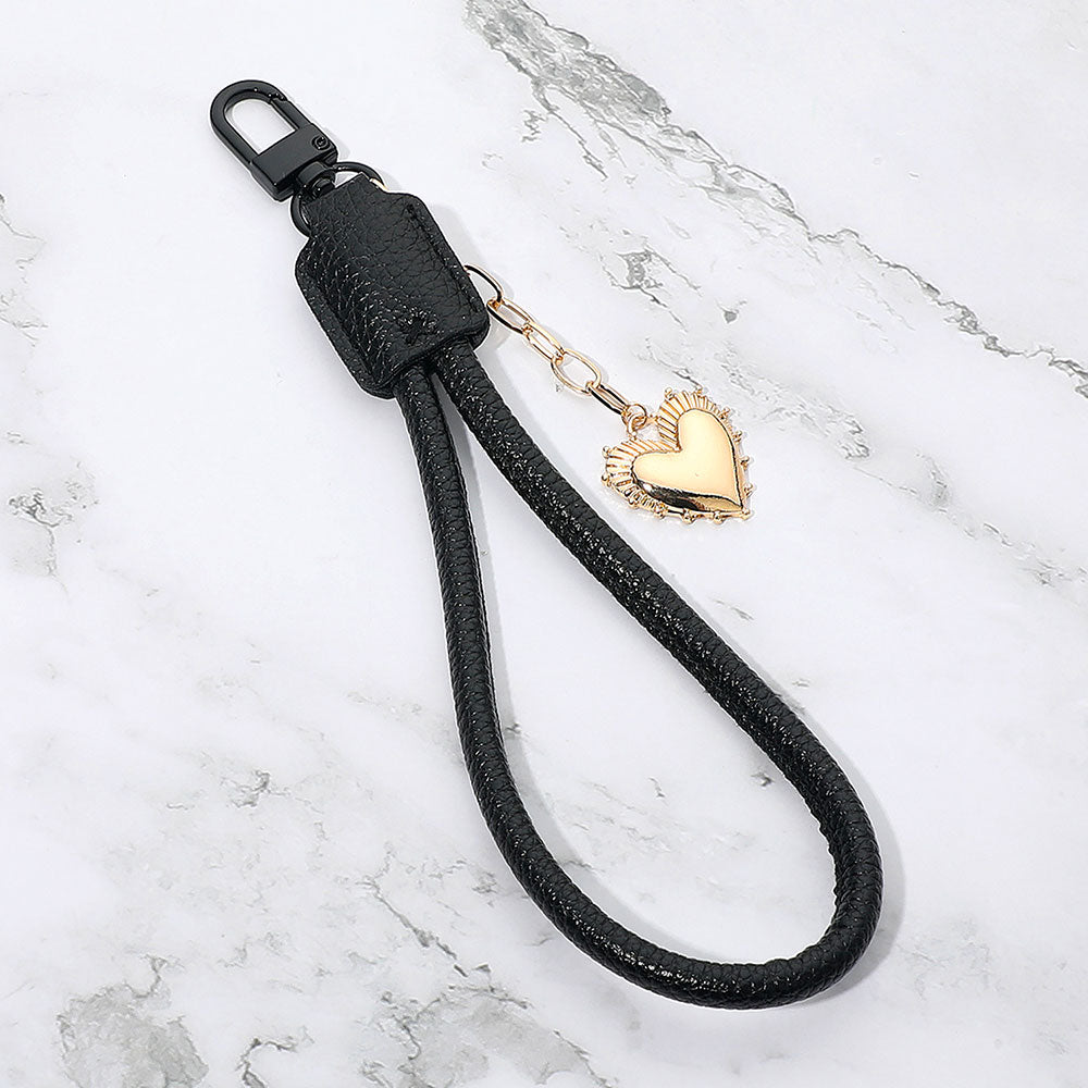 Madeline Love Black, Gold Heart Charm Drop Faux Leather Wristlet Keychain Bag Charm - Bags & Wallets