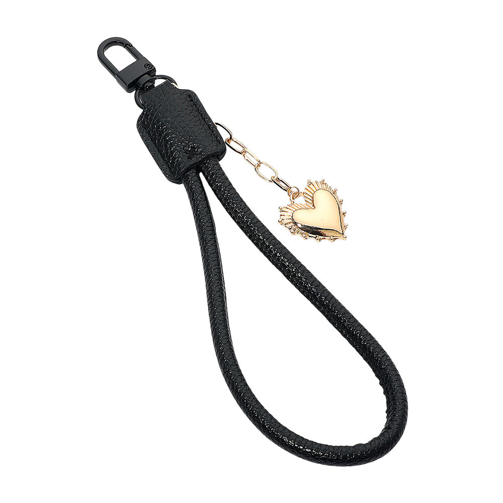 Madeline Love Black, Gold Heart Charm Drop Faux Leather Wristlet Keychain Bag Charm - Bags & Wallets - desc