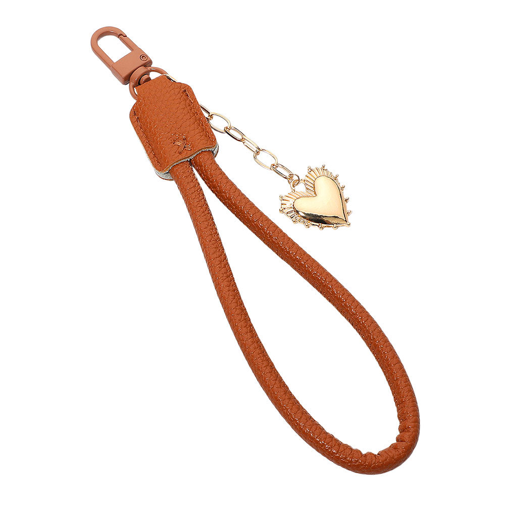 Madeline Love Brown, Gold Heart Charm Drop Faux Leather Wristlet Keychain Bag Charm - Bags & Wallets - desc