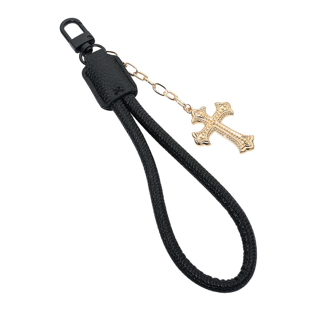 Madeline Love Black, Gold Cross Charm Drop Faux Leather Wristlet Keychain Bag Charm - Bags & Wallets - desc