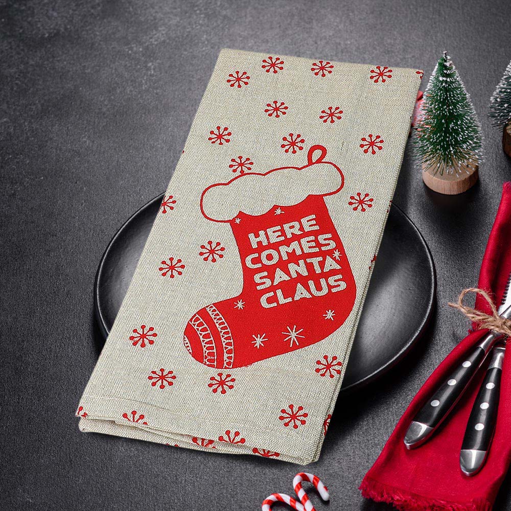 Madeline Love Gray, Red HERE COMES SANTA CLAUS Socks Snowflake Pattern Kitchen Towel - Jewelry