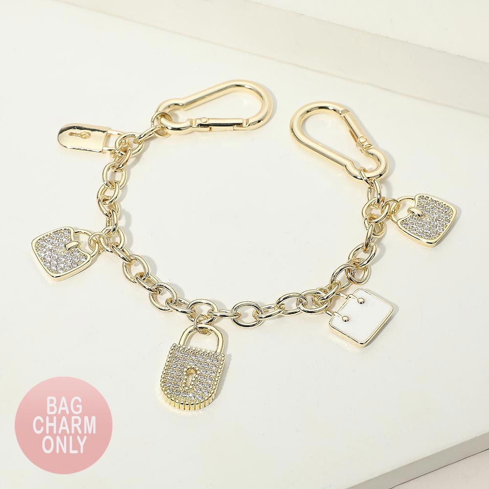Madeline Love Gold 14K Gold Plated CZ Pave Padlock Handbag Charm Station Bag Chain - Bags & Wallets