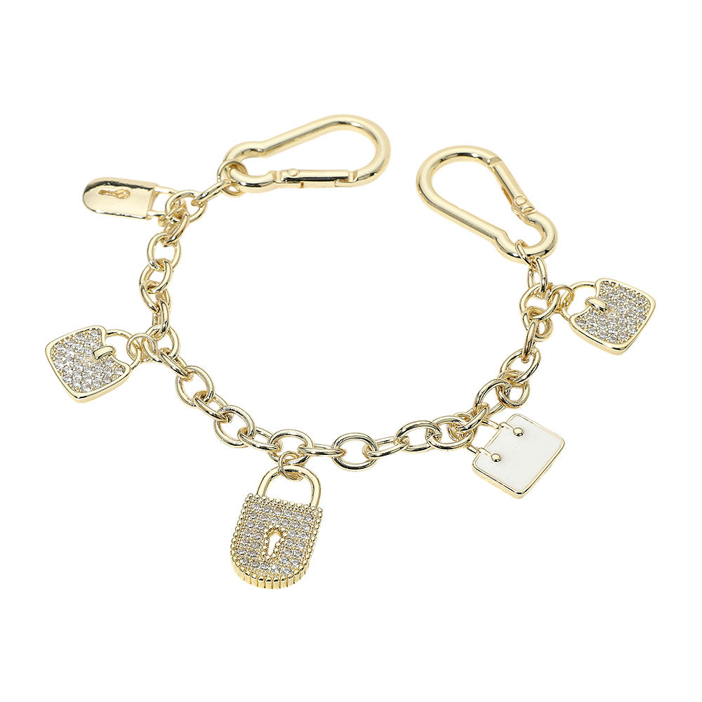 Madeline Love Gold 14K Gold Plated CZ Pave Padlock Handbag Charm Station Bag Chain - Bags & Wallets - desc