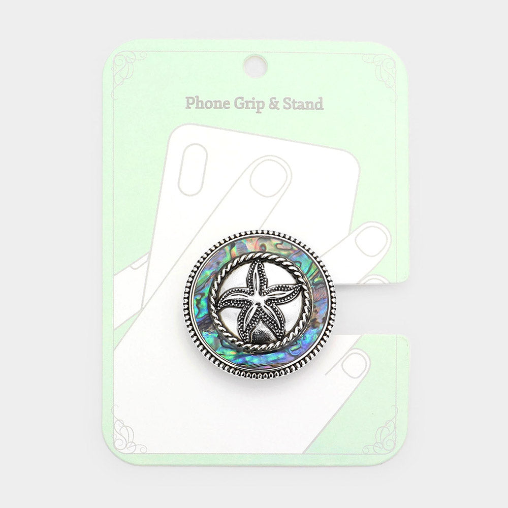 Abalone, Antique Silver Abalone Metal Starfish Adhesive Phone Grip and Stand