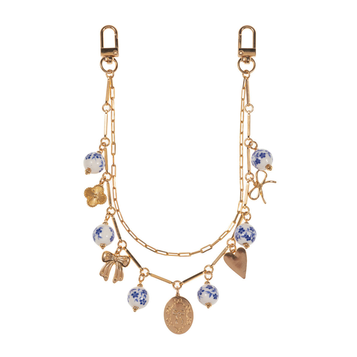 Madeline Love Gold Floral Ceramic Ball Metal Bow Heart Quatrefoil Charm Station Layered Chain Bag Charm - Bags & Wallets - desc