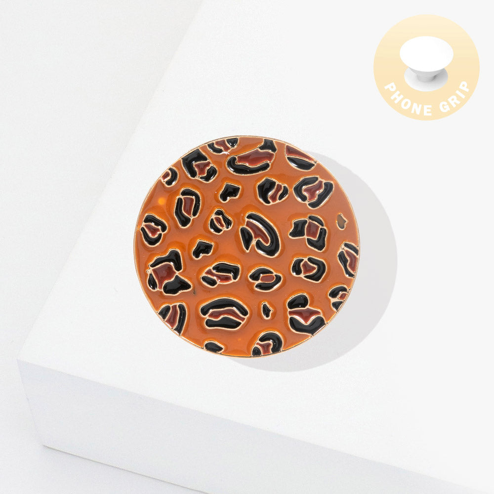 Madeline Love Brown Enamel Leopard Patterned Round Adhesive Phone Grip and Stand - Jewelry