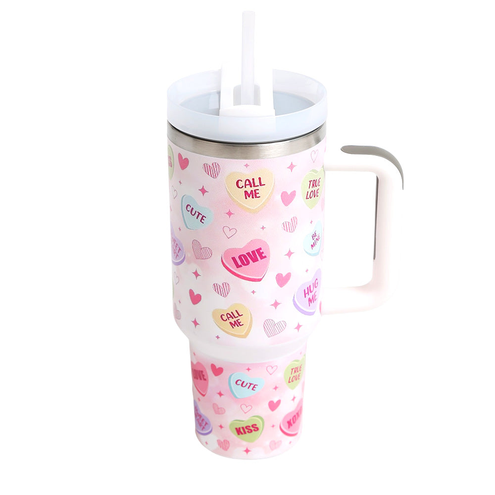 LOVE CUTE CALL ME KISS Valentine Message Heart Pattern Printed 40oz Stainless Steel Tumbler with Handle