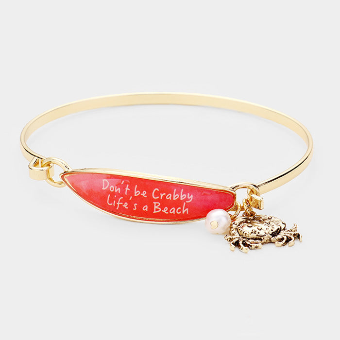 Antique Gold, Red Don't be Crabby Life's a Beach Crab Charm Surfboard Hook Bracelet