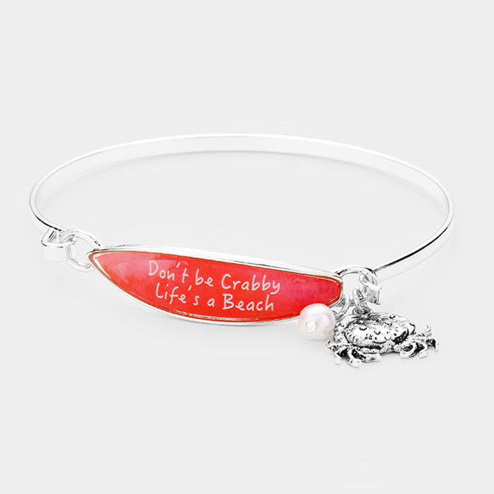 Antique Silver, Red Don't be Crabby Life's a Beach Crab Charm Surfboard Hook Bracelet
