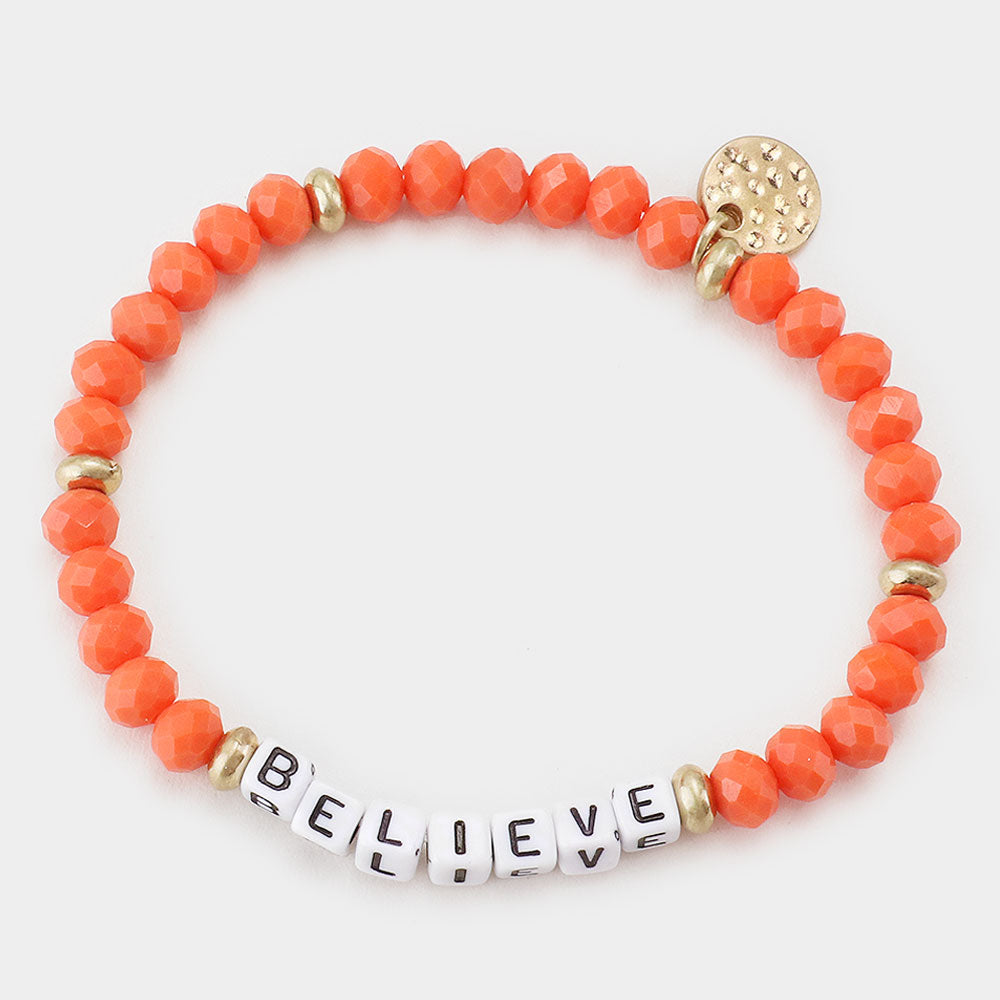 Madeline Love Orange BELIEVE Faceted Beaded Stretch Bracelet - Bracelets