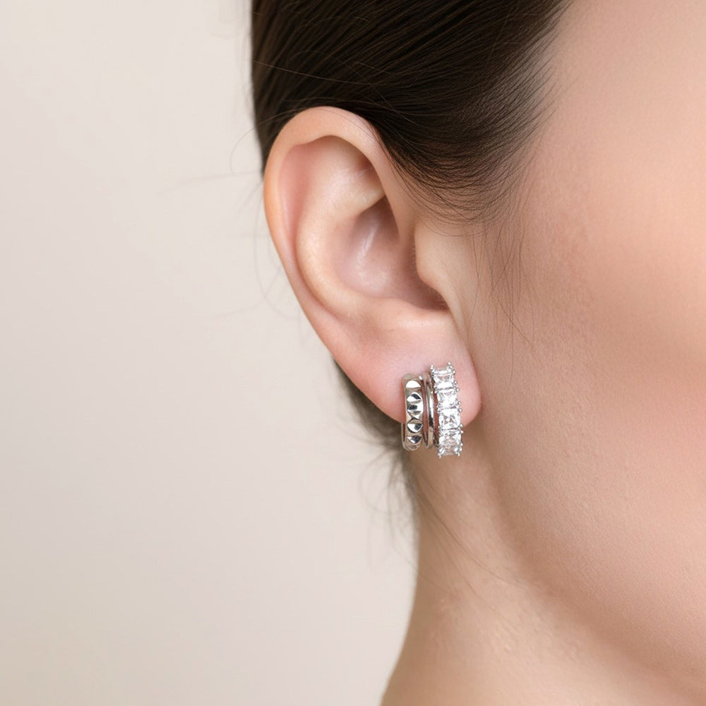 Madeline Love Clear, Rhodium, White Gold White Gold Dipped Geometric Clam CZ Hoop Earrings - Hair Accessories - extra