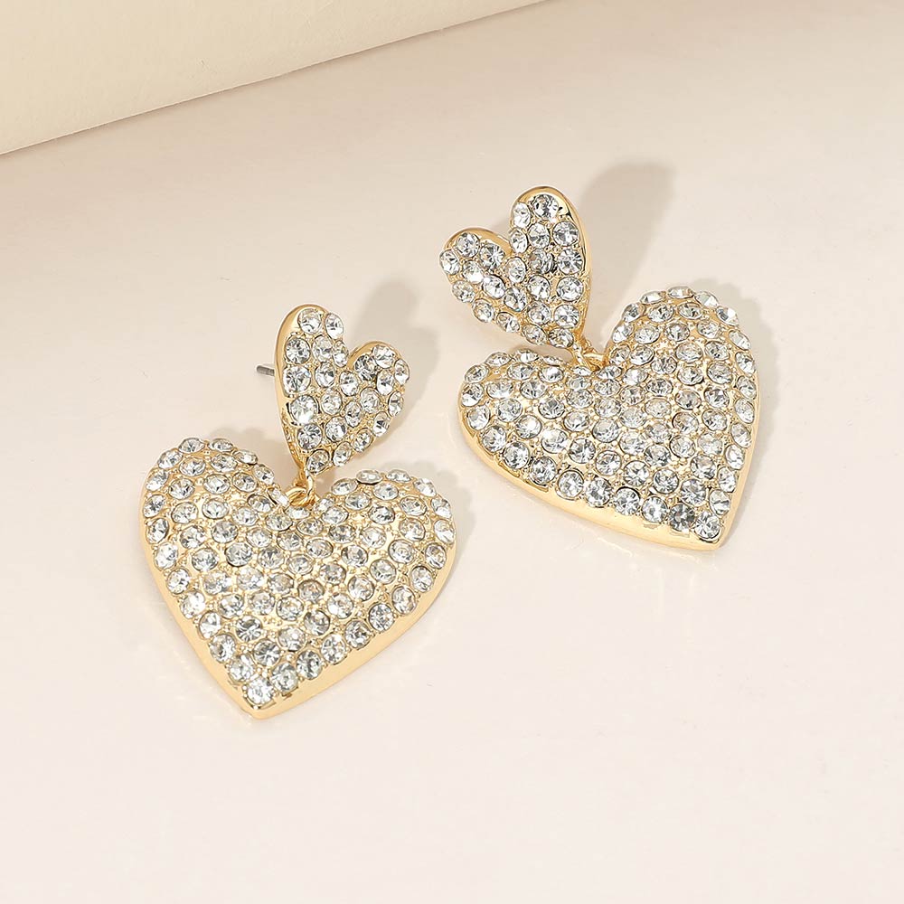 Madeline Love Clear, Gold Gold Dipped Rhinestone Pave Double Heart Link Drop Earrings - Jewelry