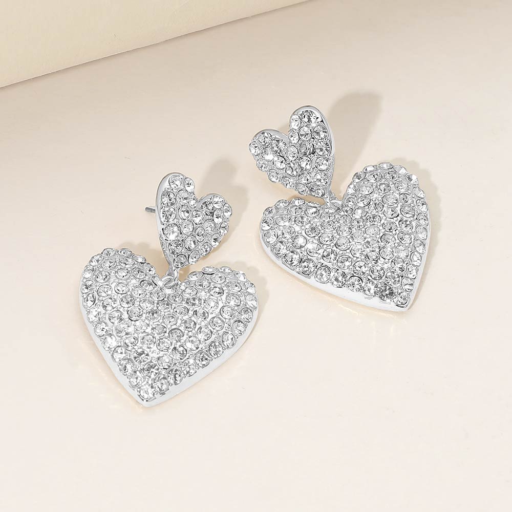 Madeline Love Clear, Rhodium Silver Dipped Rhinestone Pave Double Heart Link Drop Earrings