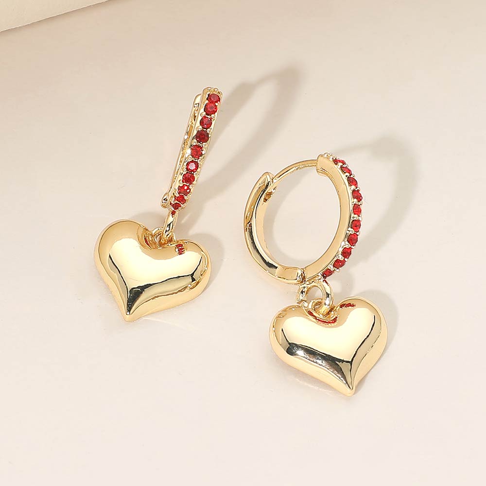 Madeline Love Gold, Siam Gold Dipped Heart Charm Drop Dangle Stone Pave Huggie Hoop Earrings
