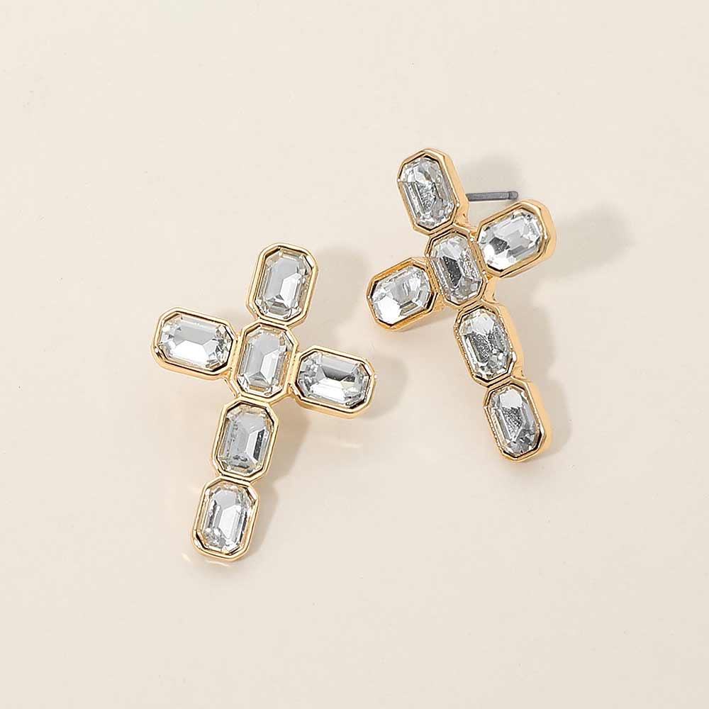 Madeline Love Clear, Gold Gold Dipped Cross Stone Cluster Earrings - Hair Accessories