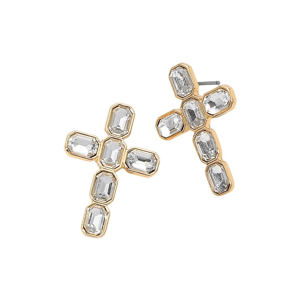 Madeline Love Clear, Gold Gold Dipped Cross Stone Cluster Earrings - Hair Accessories - desc