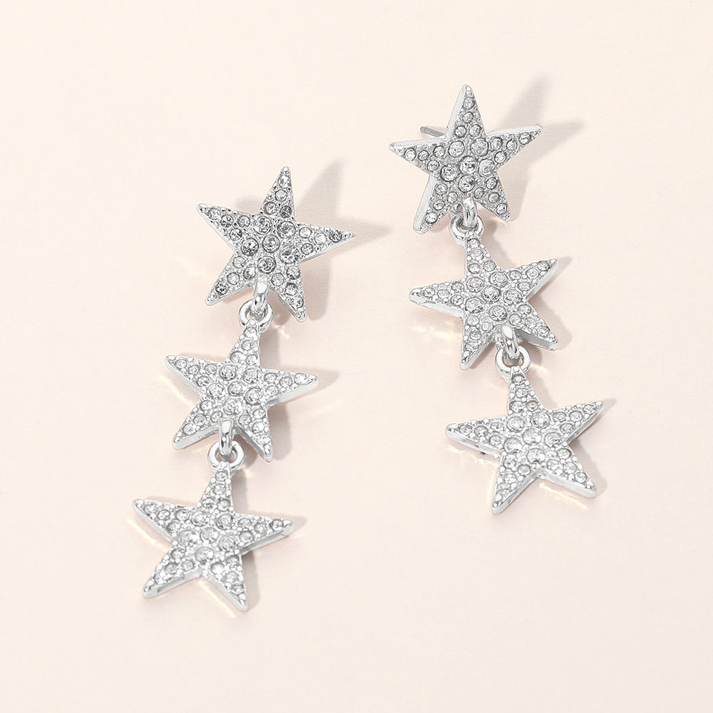 Madeline Love Clear, Rhodium Silver Dipped Rhinestone Pave Triple Star Link Drop Earrings