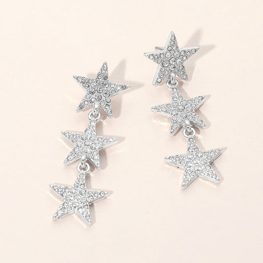Madeline Love Clear, Rhodium Silver Dipped Rhinestone Pave Triple Star Link Drop Earrings
