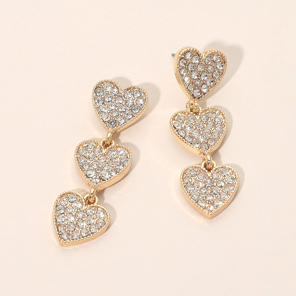 Madeline Love Clear, Gold Gold Dipped Rhinestone Pave Triple Heart Link Drop Earrings