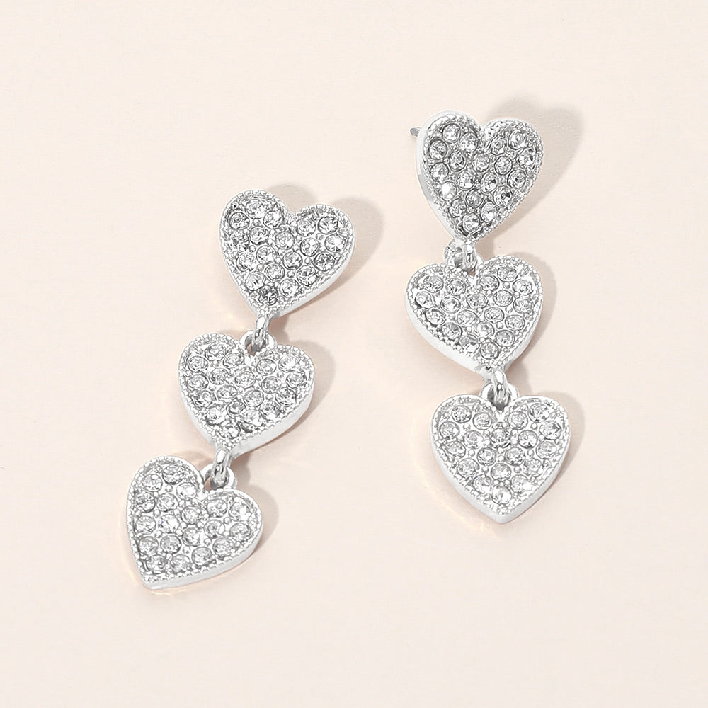 Madeline Love Clear, Rhodium Silver Dipped Rhinestone Pave Triple Heart Link Drop Earrings