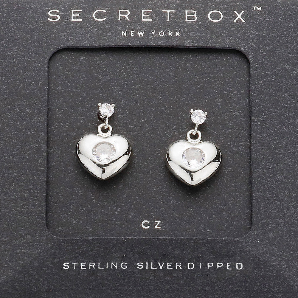 SECRET BOX_Sterling Silver Dipped CZ Stone Pointed Heart Dangle Earrings