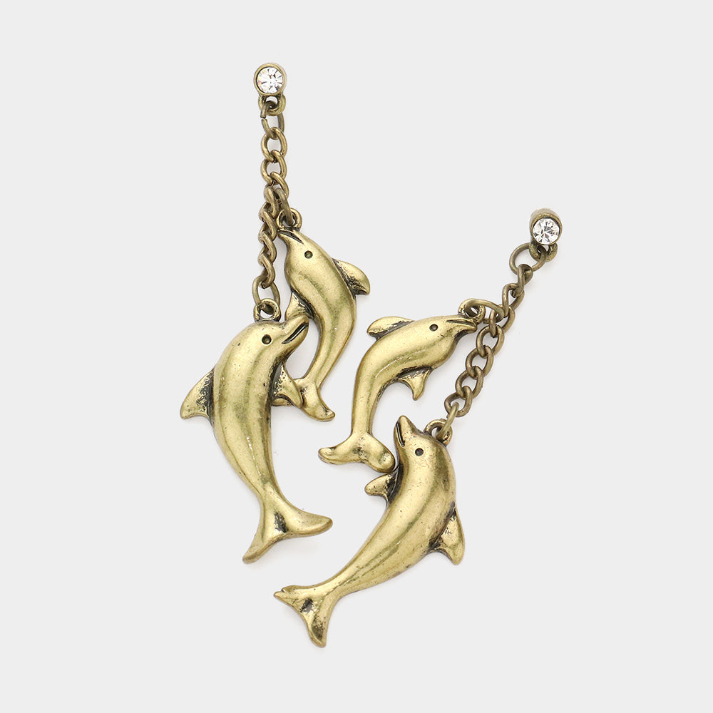 Gold Burnished Stone Pointed Metal Dolphin Link Dangle Earrings