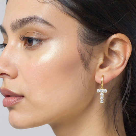 Madeline Love Gold 14K Gold Dipped T-Shaped CZ Stone Cluster Charm Dangle Huggie Hoop Earrings