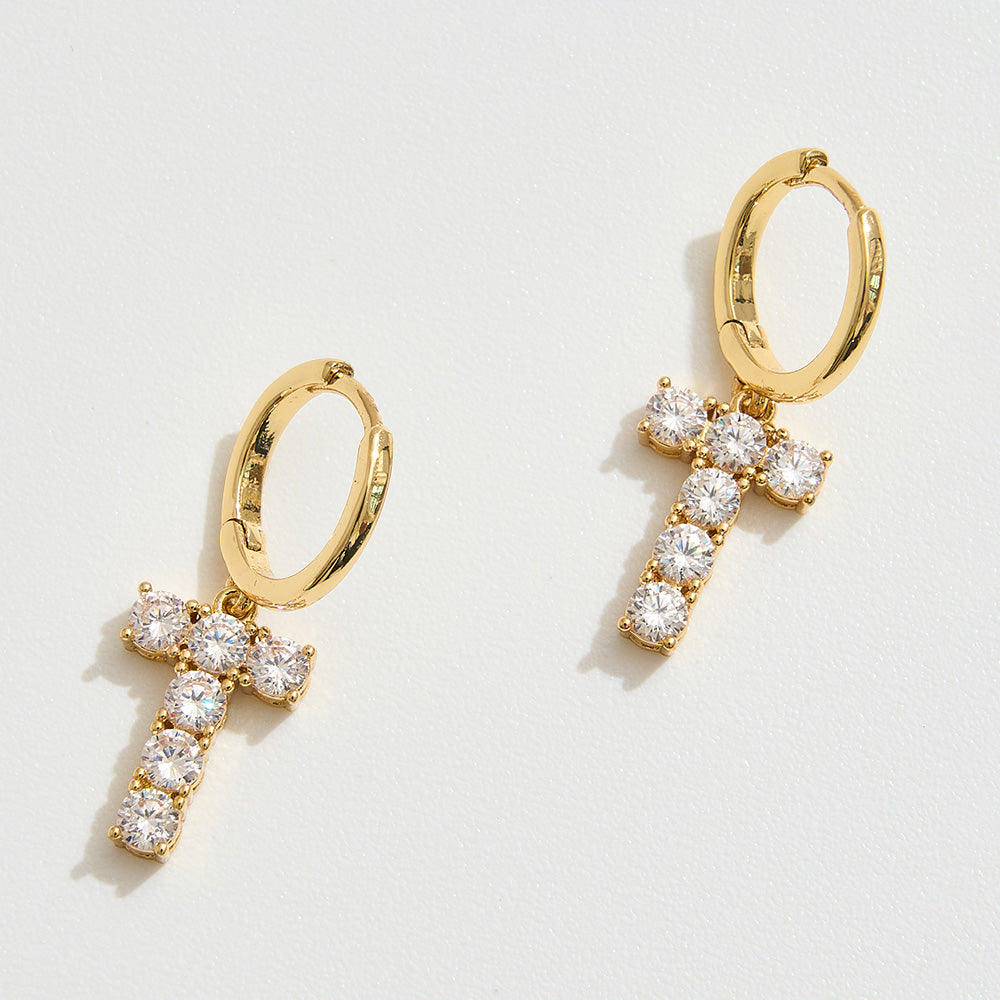 Madeline Love Gold 14K Gold Dipped T-Shaped CZ Stone Cluster Charm Dangle Huggie Hoop Earrings - desc