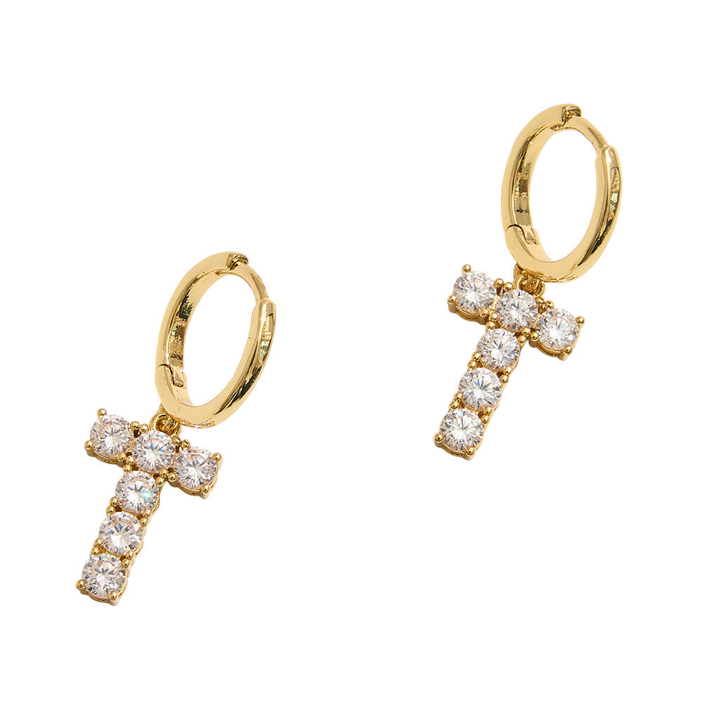 Madeline Love Gold 14K Gold Dipped T-Shaped CZ Stone Cluster Charm Dangle Huggie Hoop Earrings - extra