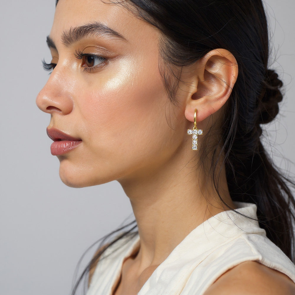 Madeline Love Gold 14K Gold Dipped T-Shaped CZ Stone Cluster Charm Dangle Huggie Hoop Earrings - extra