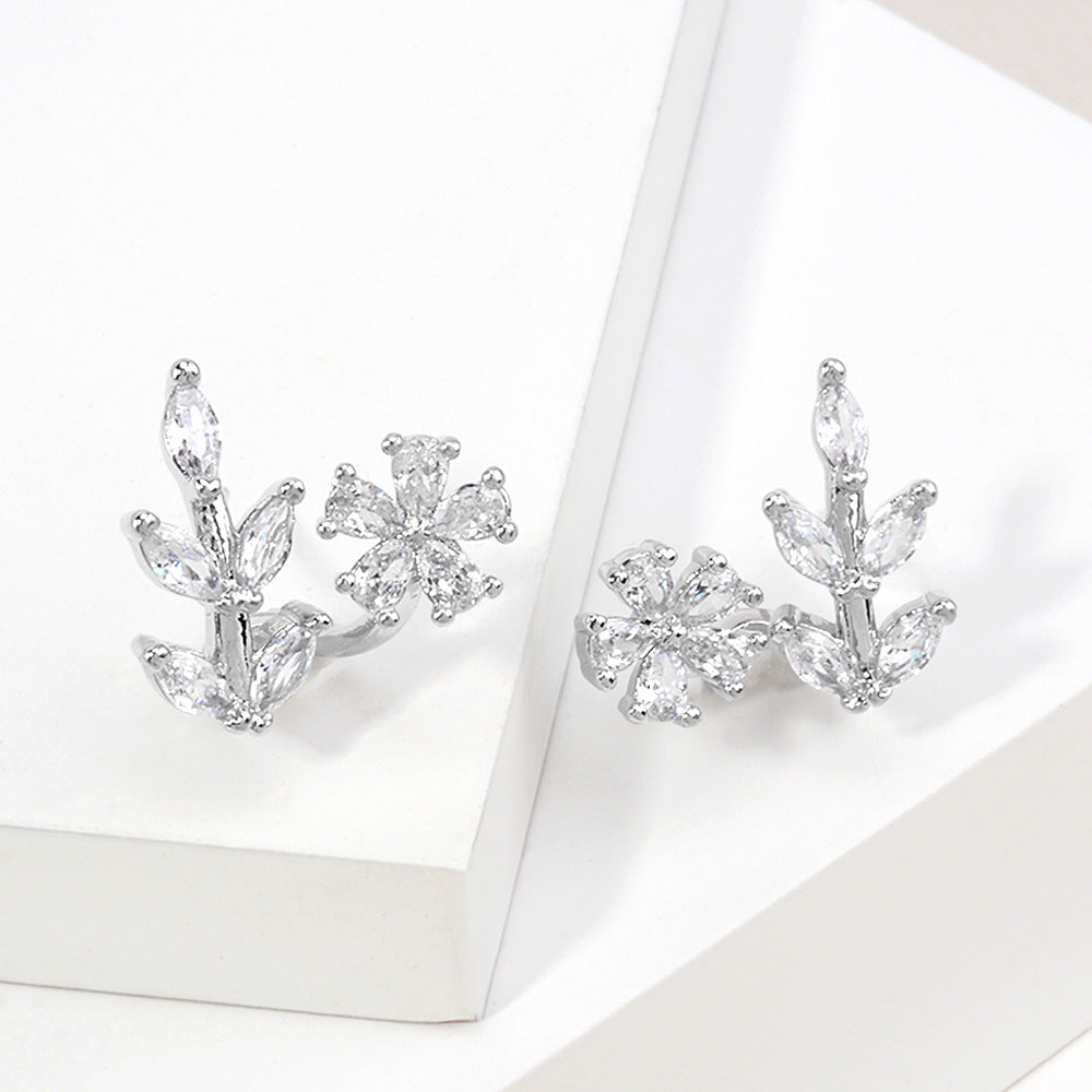 Madeline Love Clear, Rhodium 14K Gold Dipped CZ Flower Leaf Mini Half Hoop Earrings