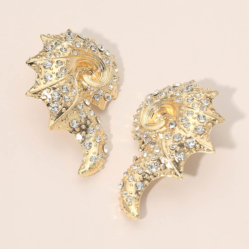 Madeline Love Gold Rhinestone Embellished Textured Bold Shell Earrings
