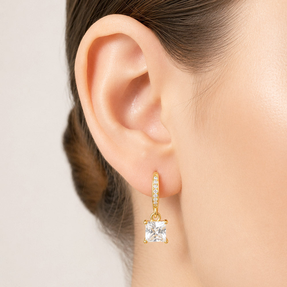 Madeline Love Clear, Gold 14K Gold Dipped Princess Cut CZ Drop Dangle Earrings
