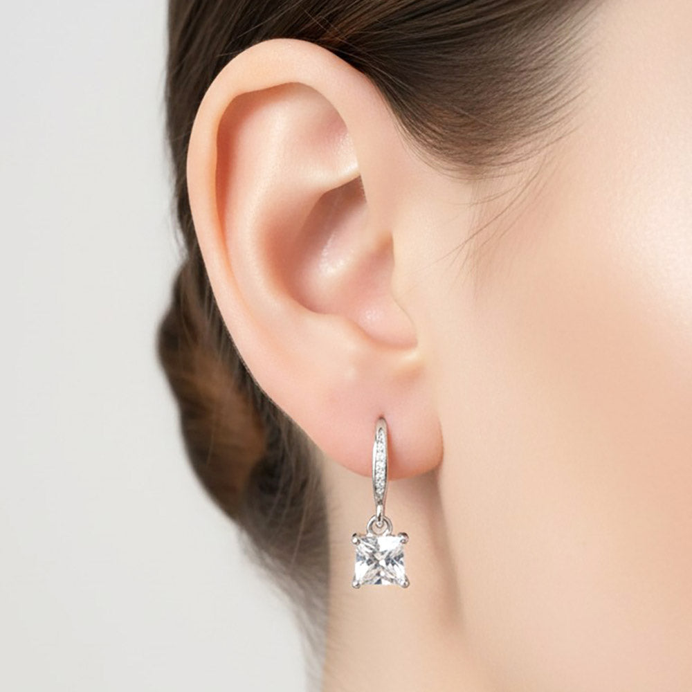 Madeline Love Clear, Rhodium 14K Gold Dipped Princess Cut CZ Drop Dangle Earrings