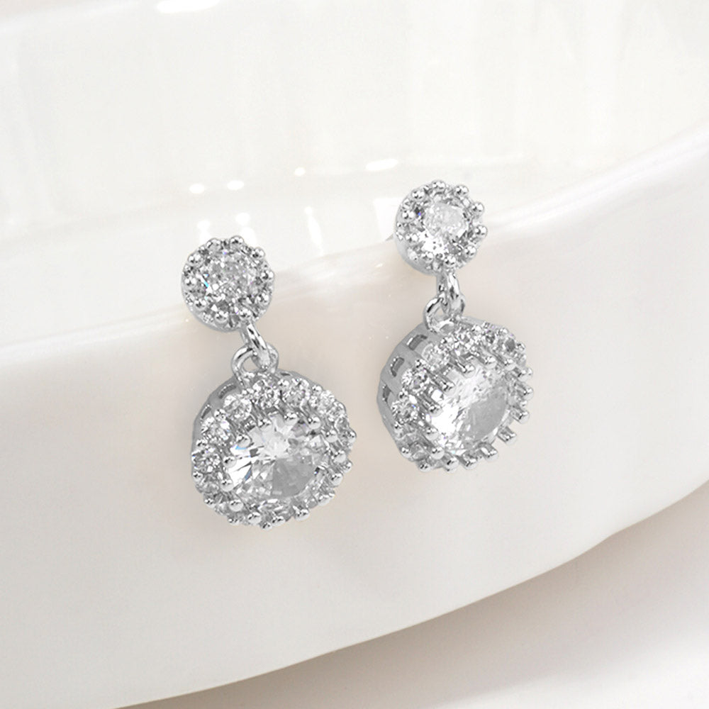 Madeline Love Clear, Rhodium 14K Gold Dipped CZ Halo Drop Dangle Earrings