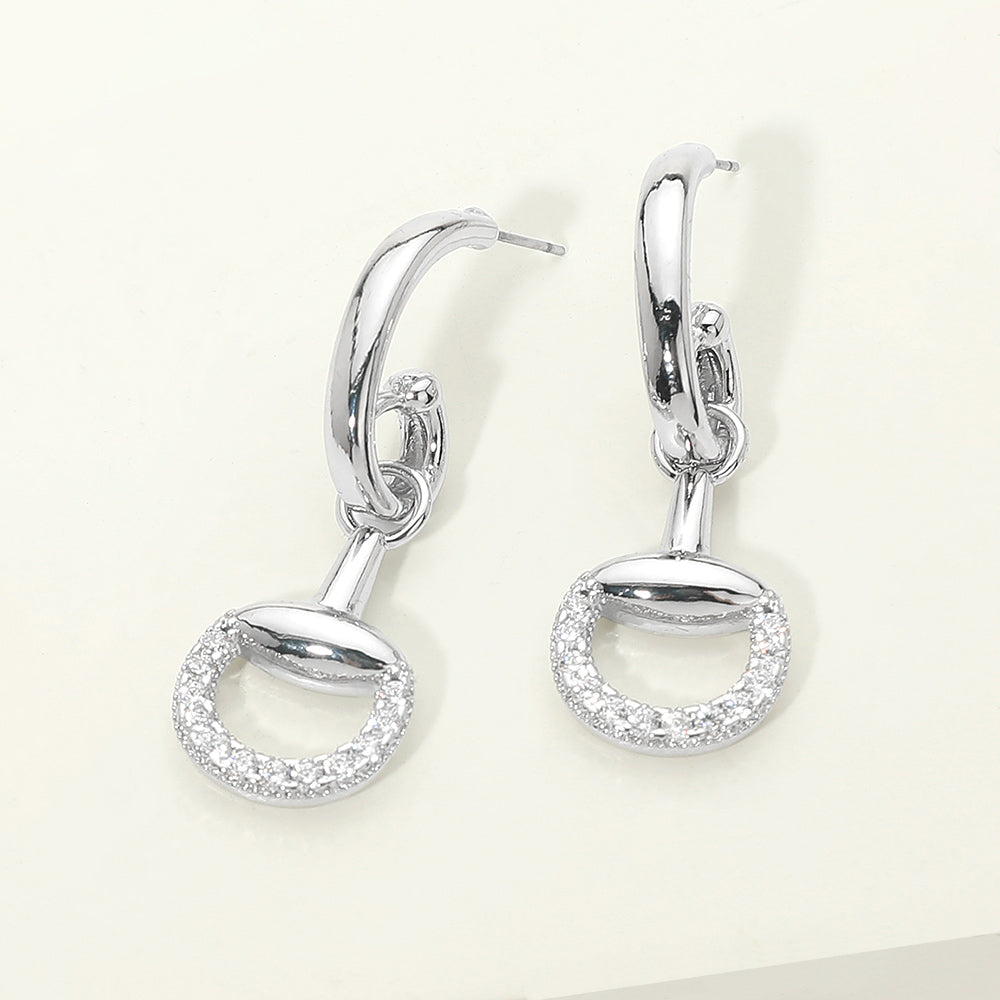 Madeline Love Rhodium 14K Gold Plated CZ Pave Horsebit Link Drop Hoop Earrings