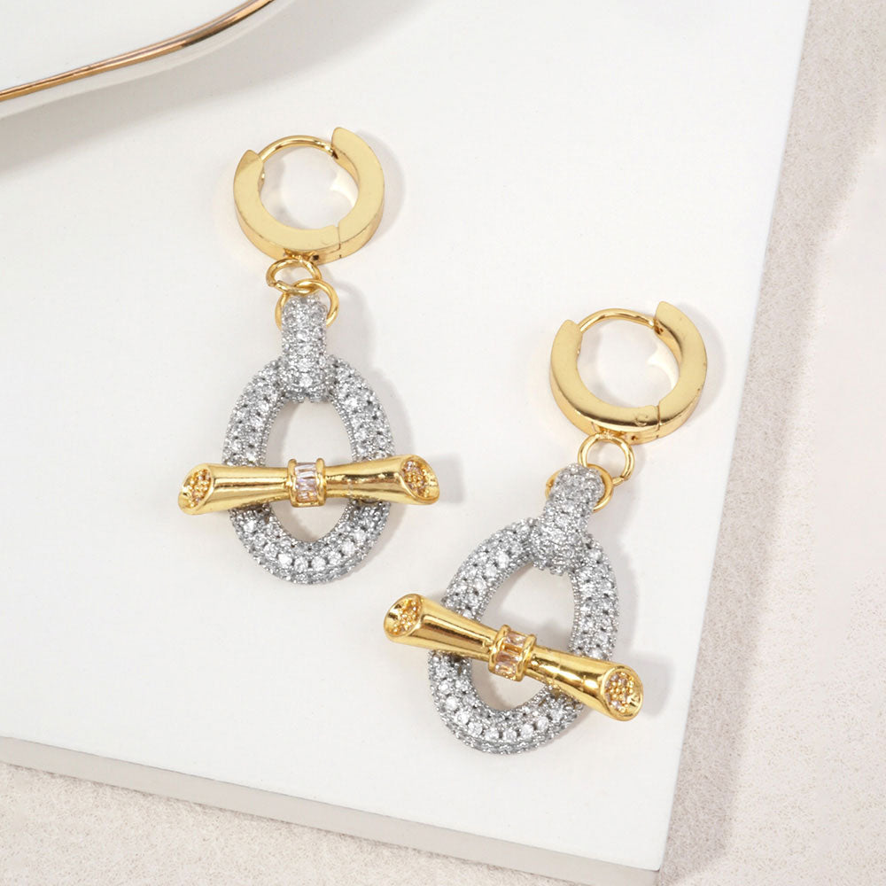 Madeline Love Clear, Gold 14K Gold Dipped Hypoallergenic CZ Pave Toggle Charm Link Drop Huggie Hoop Earrings