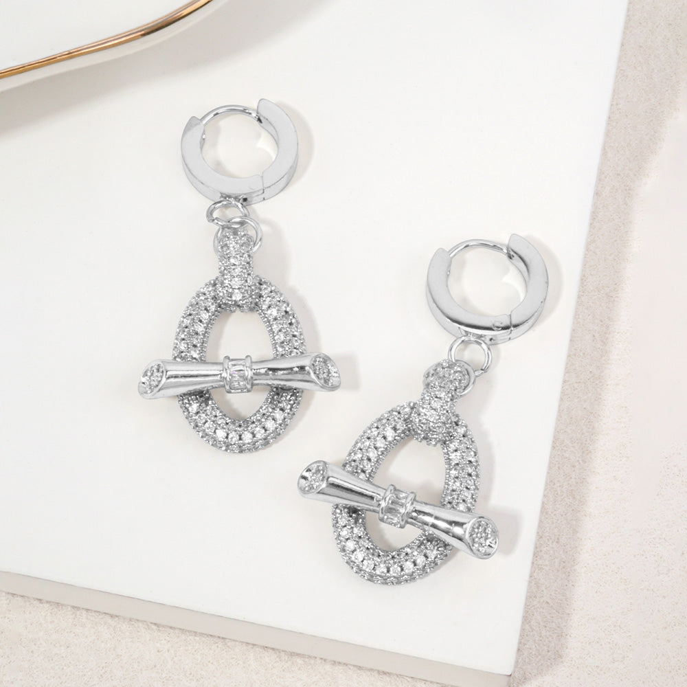 Madeline Love Clear, Rhodium White Gold Dipped Hypoallergenic CZ Pave Toggle Charm Link Drop Huggie Hoop Earrings