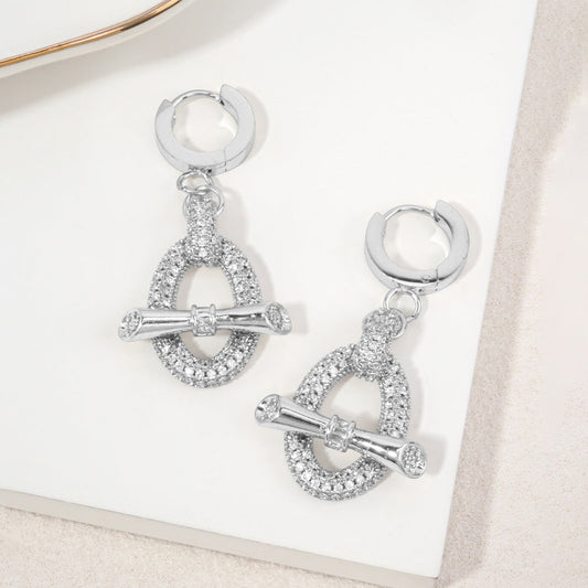 Madeline Love Clear, Rhodium White Gold Dipped Hypoallergenic CZ Pave Toggle Charm Link Drop Huggie Hoop Earrings