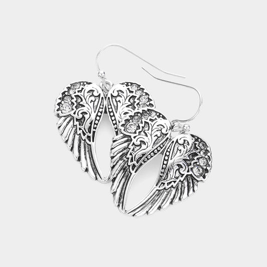 Madeline Love Antique Silver Crystal Detail Metal Wings Earrings - Hair Accessories