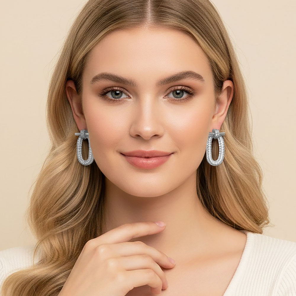 Madeline Love Rhodium CZ Pave Oval Link Drop Statement Earrings