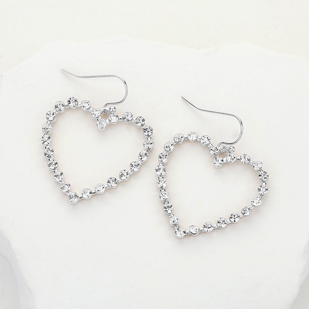 Stone Paved Open Heart Dangle Earrings - Clear Rhodium - Earrings