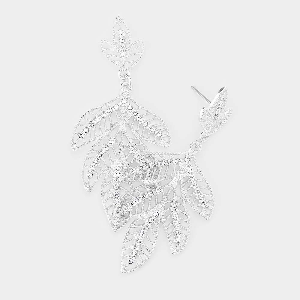 Madeline Love Silver Rhinestone Metal Leaf Earrings