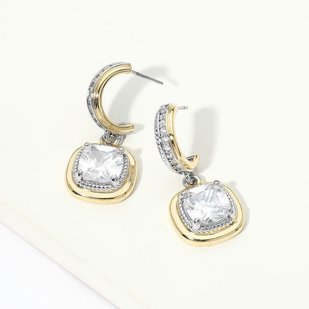 Madeline Love Clear, Gold 14K Gold Plated Cushion Cut CZ Drop Hoop Earrings
